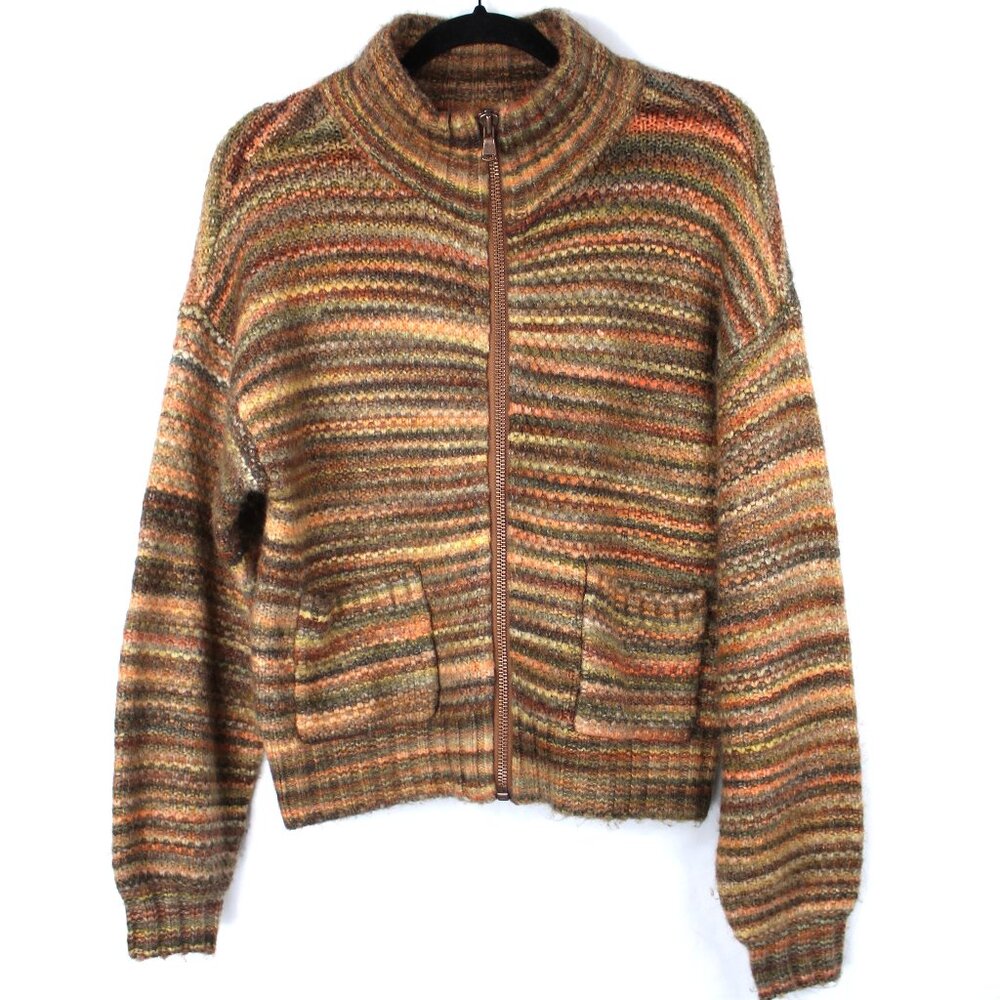 Loft Ann Taylor Thick Knit Earth Toned Striped Women s Full Zip Sweater Size S